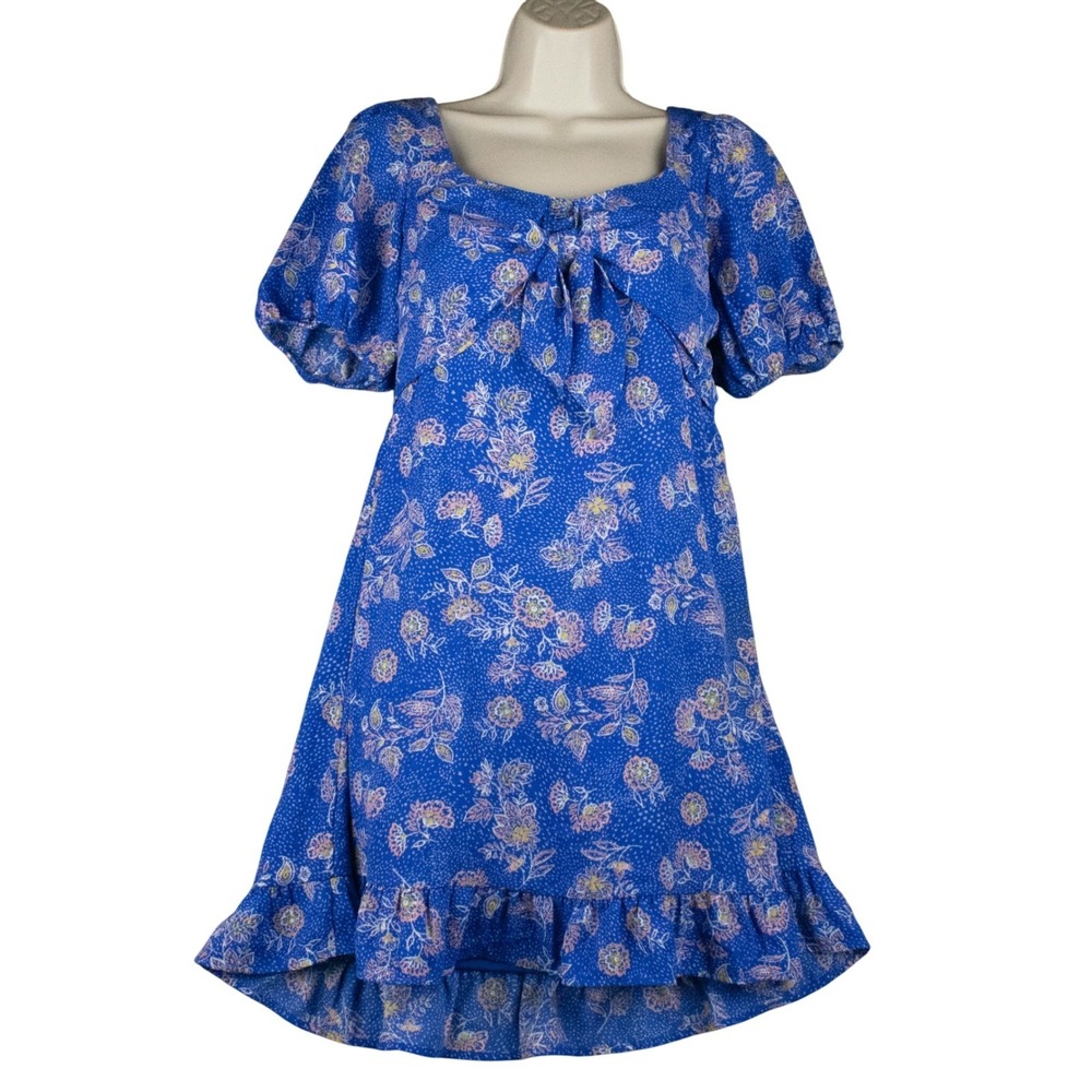 Sienna Sky Womens M Floral Mini Dress Tie Front Ruffle Blue Boho Cottagecore
